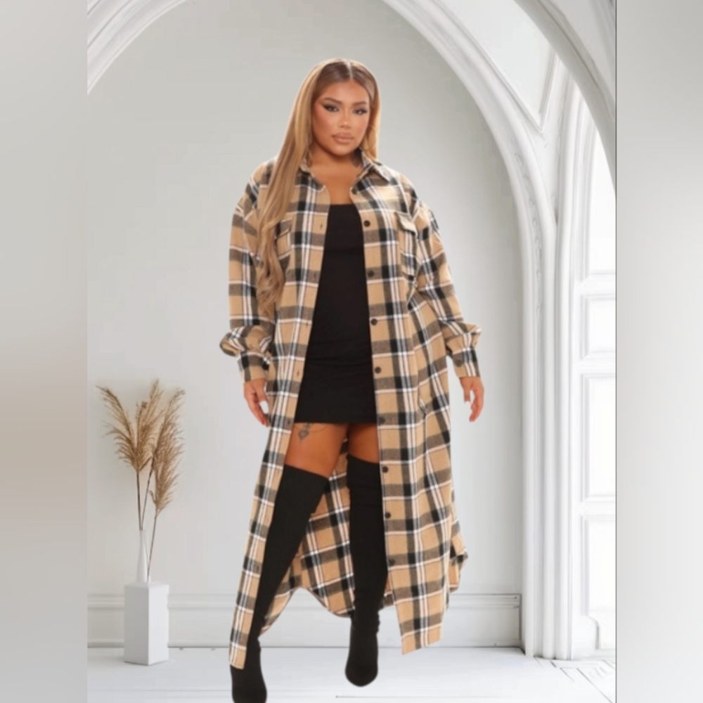 Fashion Nova Beige Plaid Longline Cardigan